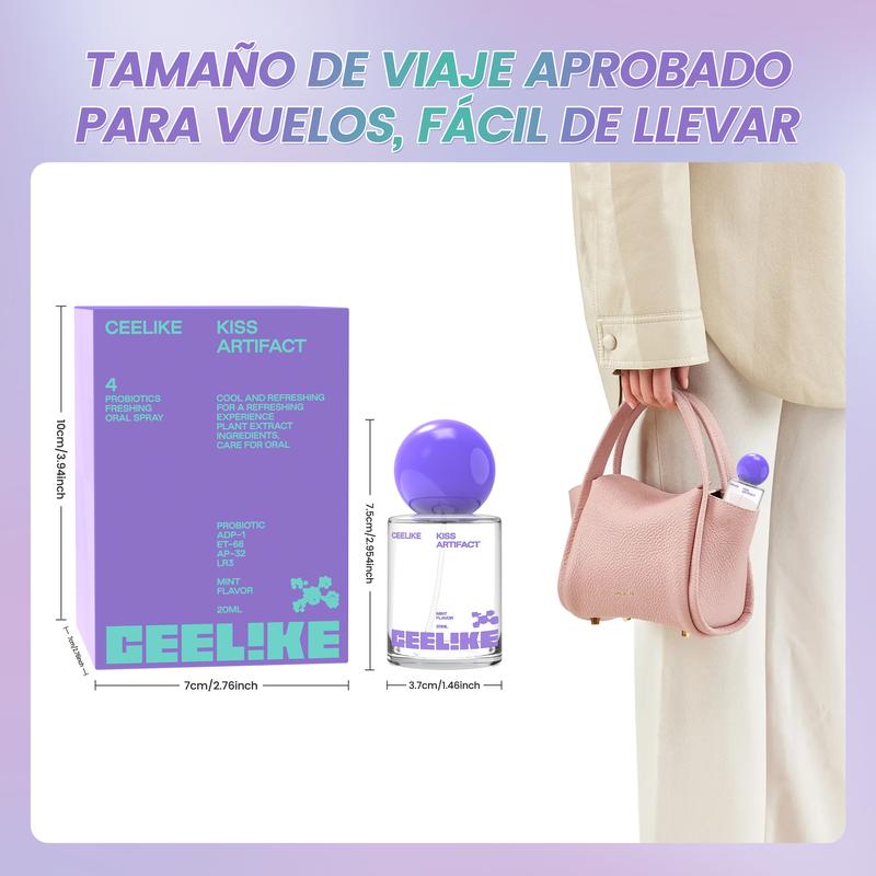 Mujer joven usando el spray oral CEELIKE con confianza