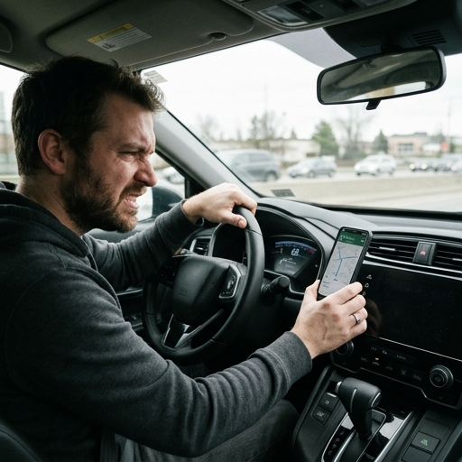 Conductor frustrado intentando sostener el teléfono mientras maneja sin soporte adecuado