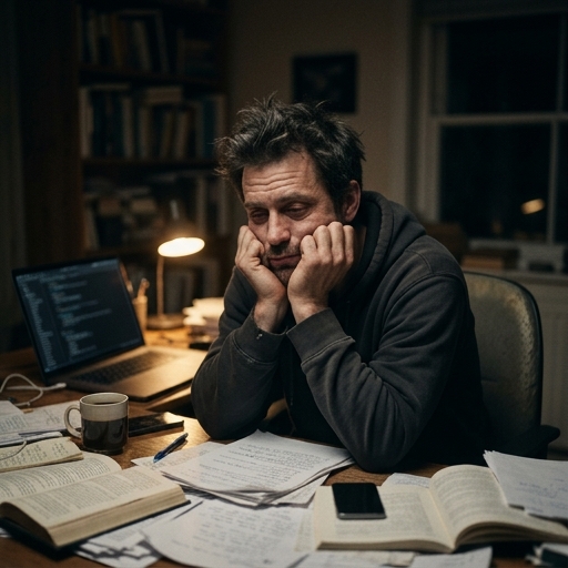 Persona agotada y estresada en su escritorio representando el cansancio diario