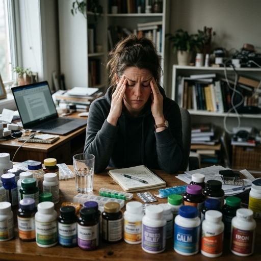 Persona frustrada rodeada de suplementos sin resultados