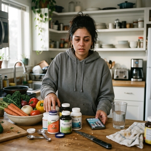 Mujer agotada rodeada de suplementos y vegetales sin preparar en su cocina