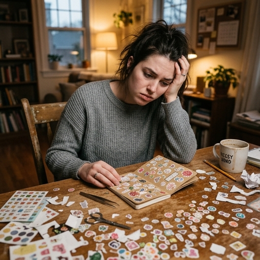 Persona frustrada intentando colocar stickers diminutos en desorden sobre un escritorio