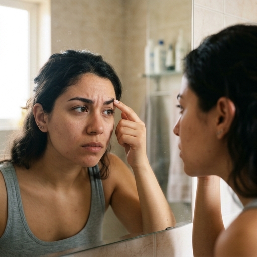 Mujer frustrada mirando sus cejas despeinadas en el espejo