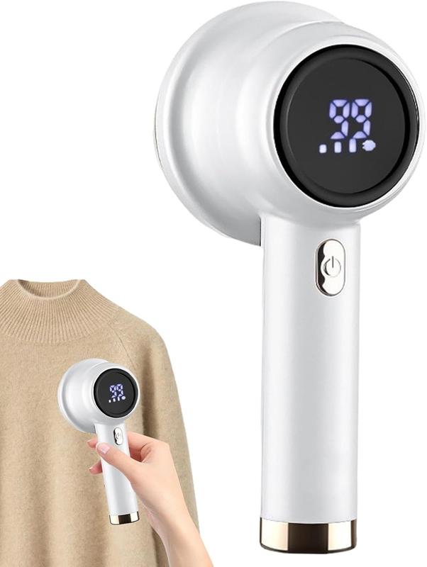 Máquina quitapelusa portátil blanca con pantalla digital y cabezal circular