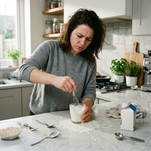 Persona frustrada batiendo leche a mano con resultados irregulares y salpicaduras en la encimera