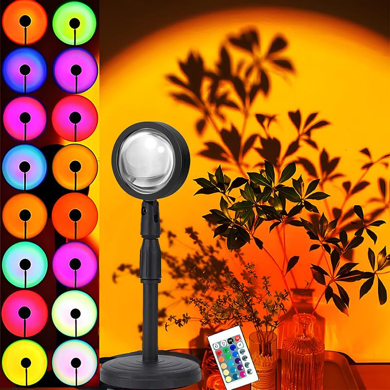 Lámpara LED RGB negra proyectando halo de color sobre pared