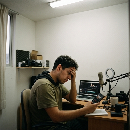 Creador de contenido frustrado con fondo plano y sin ambiente