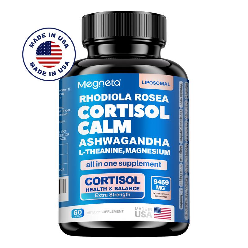 Frasco premium de Cortisol Calm sobre superficie de mármol blanco