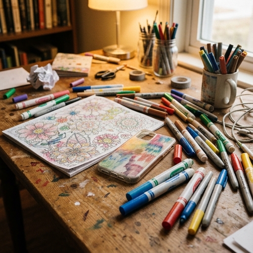 Mesa desordenada con marcadores convencionales y proyectos de manualidades fallidos