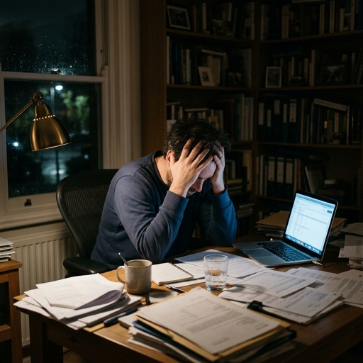 Persona adulta estresada y agotada en su escritorio