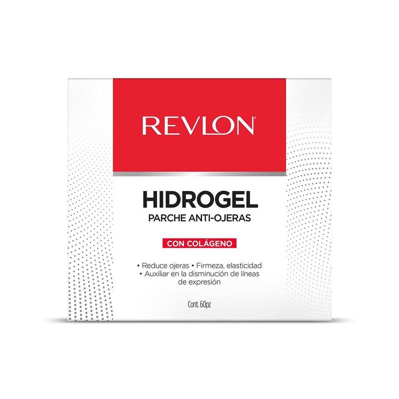 Parches de hidrogel anti-ojeras Revlon con colágeno sobre superficie de mármol