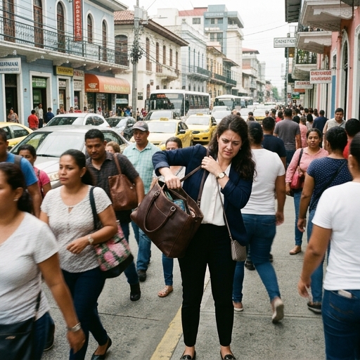 Mujer frustrada cargando un bolso grande y pesado en la ciudad
