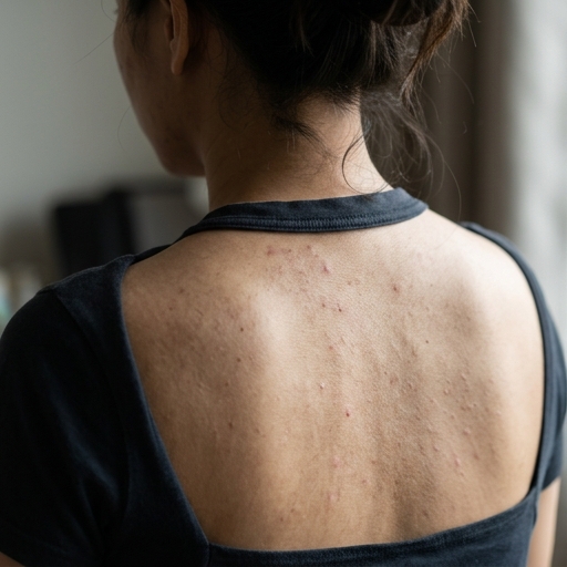 Piel con acné en la espalda antes de usar el gel limpiador