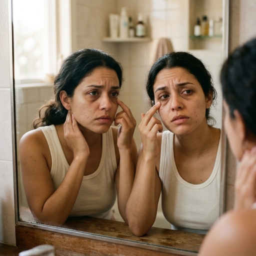 Mujer con ojeras oscuras y mirada cansada mirando al espejo