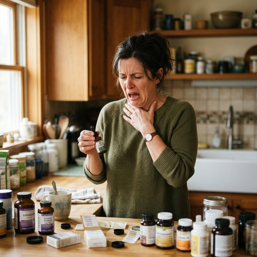 Persona frustrada con el sabor amargo de suplementos líquidos de orégano